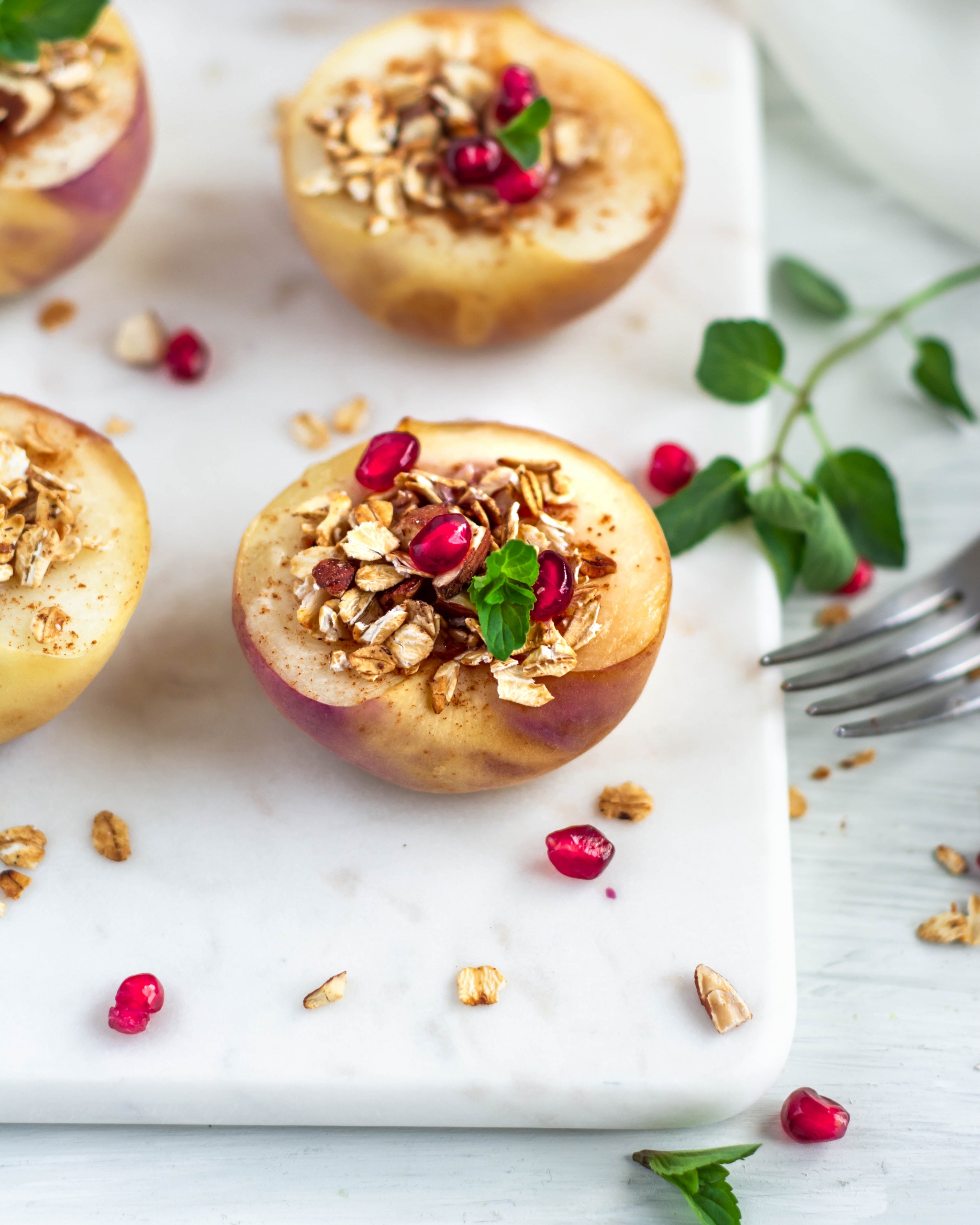 Baked peaches on a serving tray