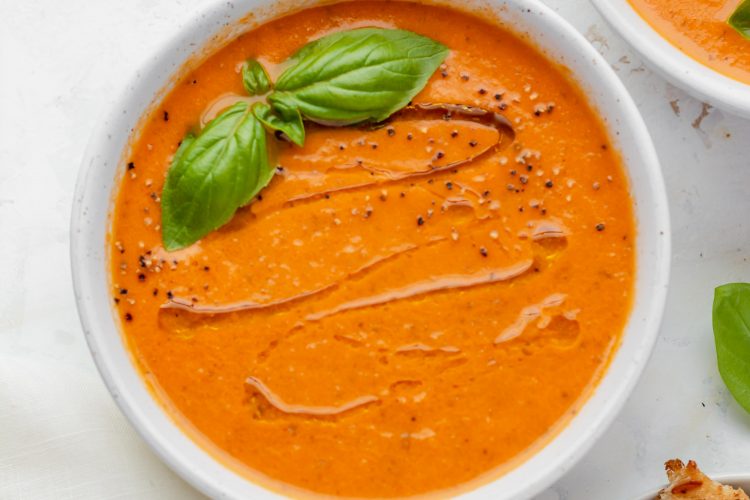 roasted tomato basil soup in a bowl